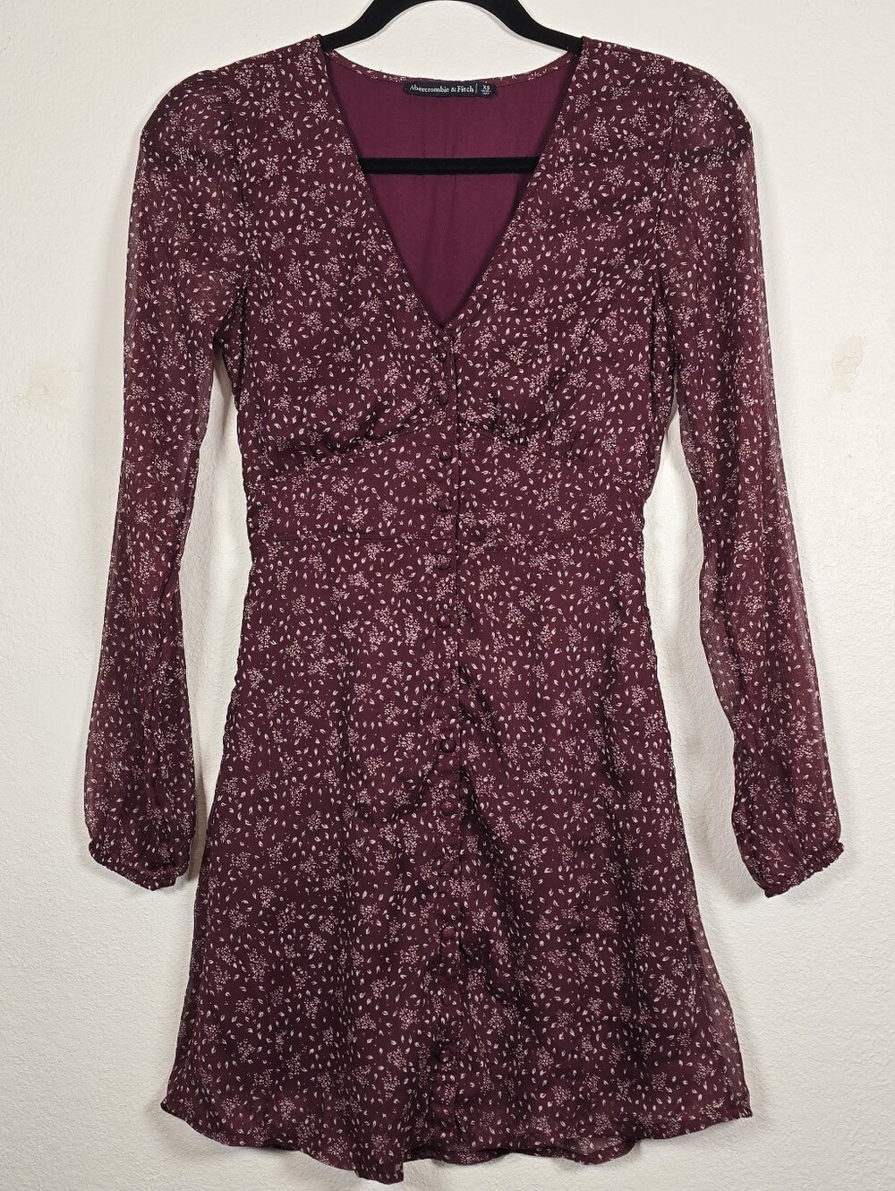 Abercrombie & Fitch Burgundy Ditsy Floral V-Neck Long Sleeve Mini Dress XS